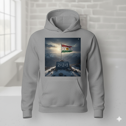 A Grey hoodie that shows a kurdistan flag and the kurdish quote 2 + 2 = 1.