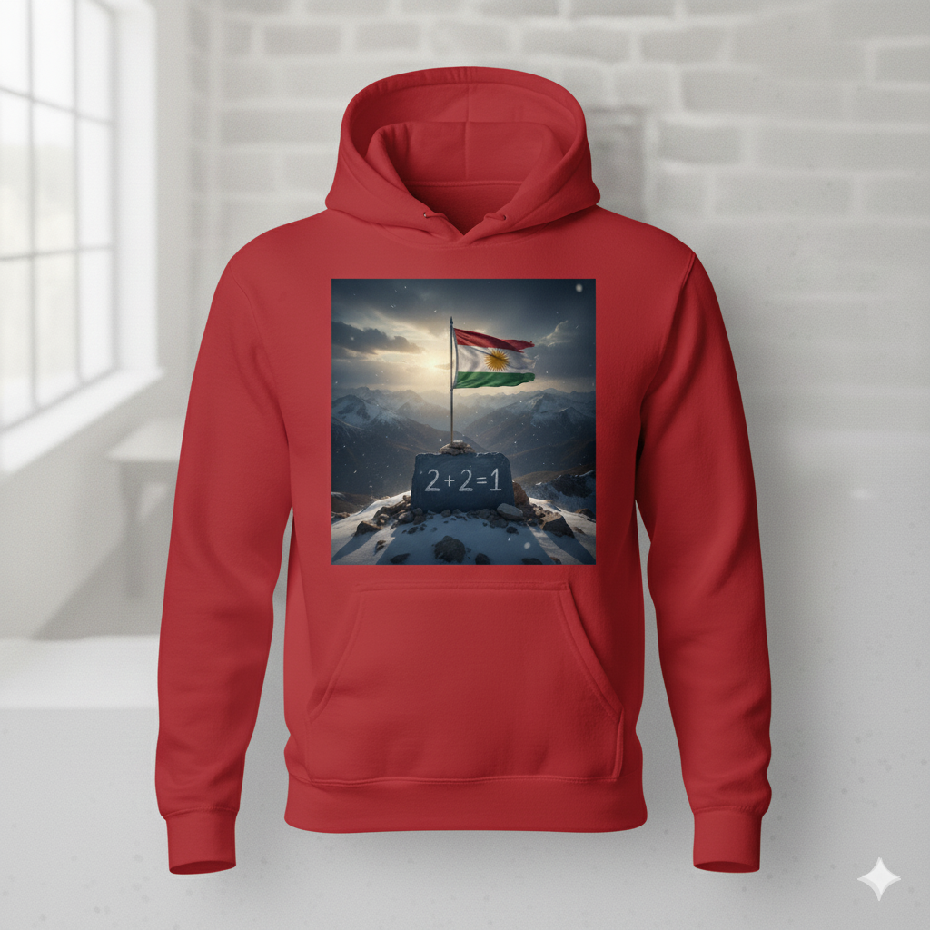 A red hoodie that shows a kurdistan flag and the kurdish quote 2 + 2 = 1.