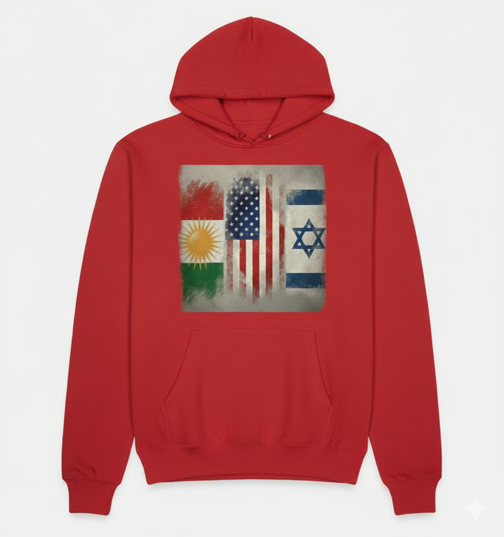 A Red hoodie showing the flags of kurdistan, usa and israel. 