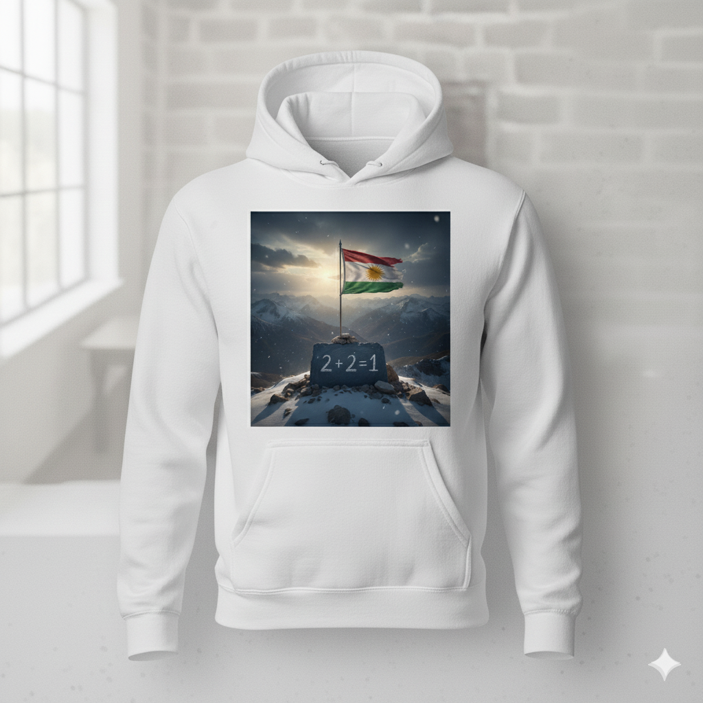 A White hoodie that shows a kurdistan flag and the kurdish quote 2 + 2 = 1.