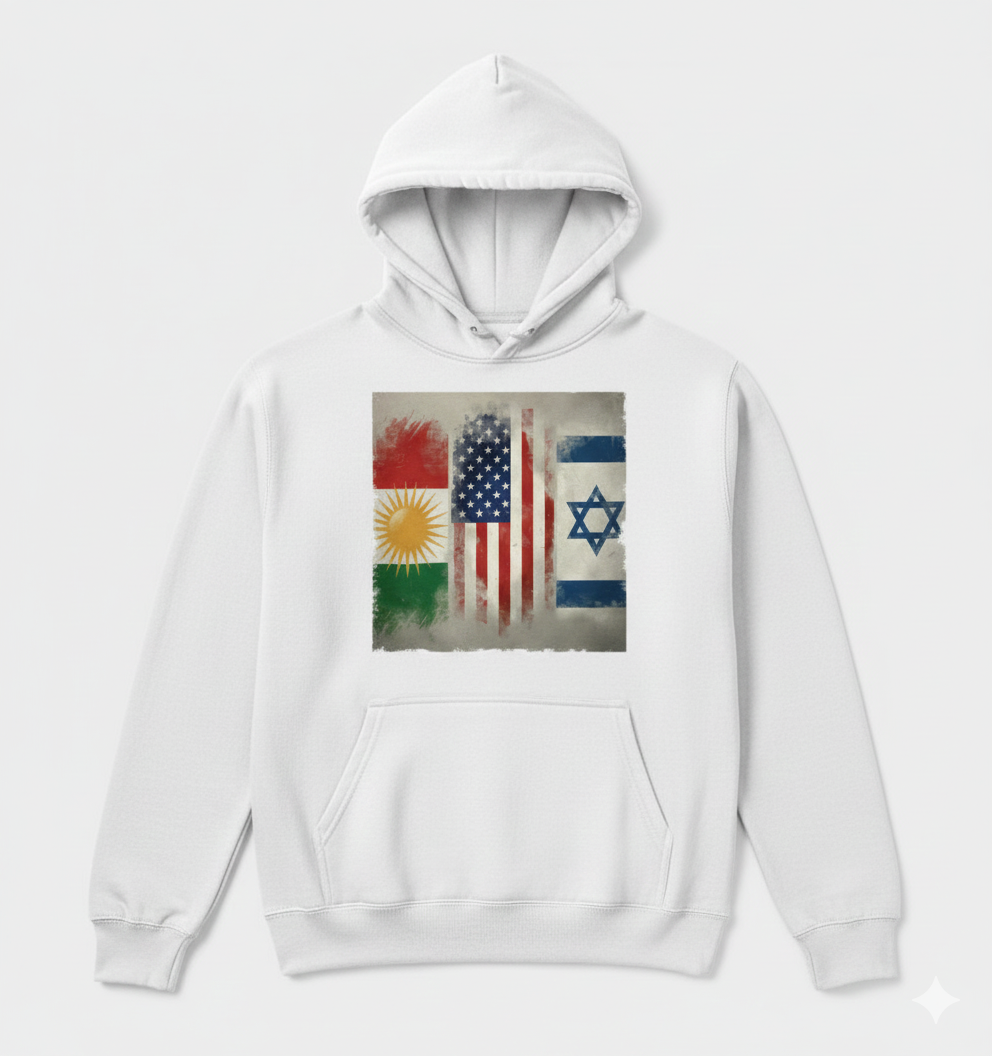 A White hoodie showing the flags of kurdistan, israel and usa.