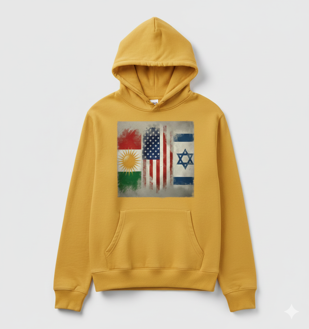 A Yellow Hoodie showing the flags of kurdistan, usa and israel.