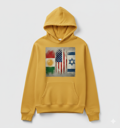 A Yellow Hoodie showing the flags of kurdistan, usa and israel.