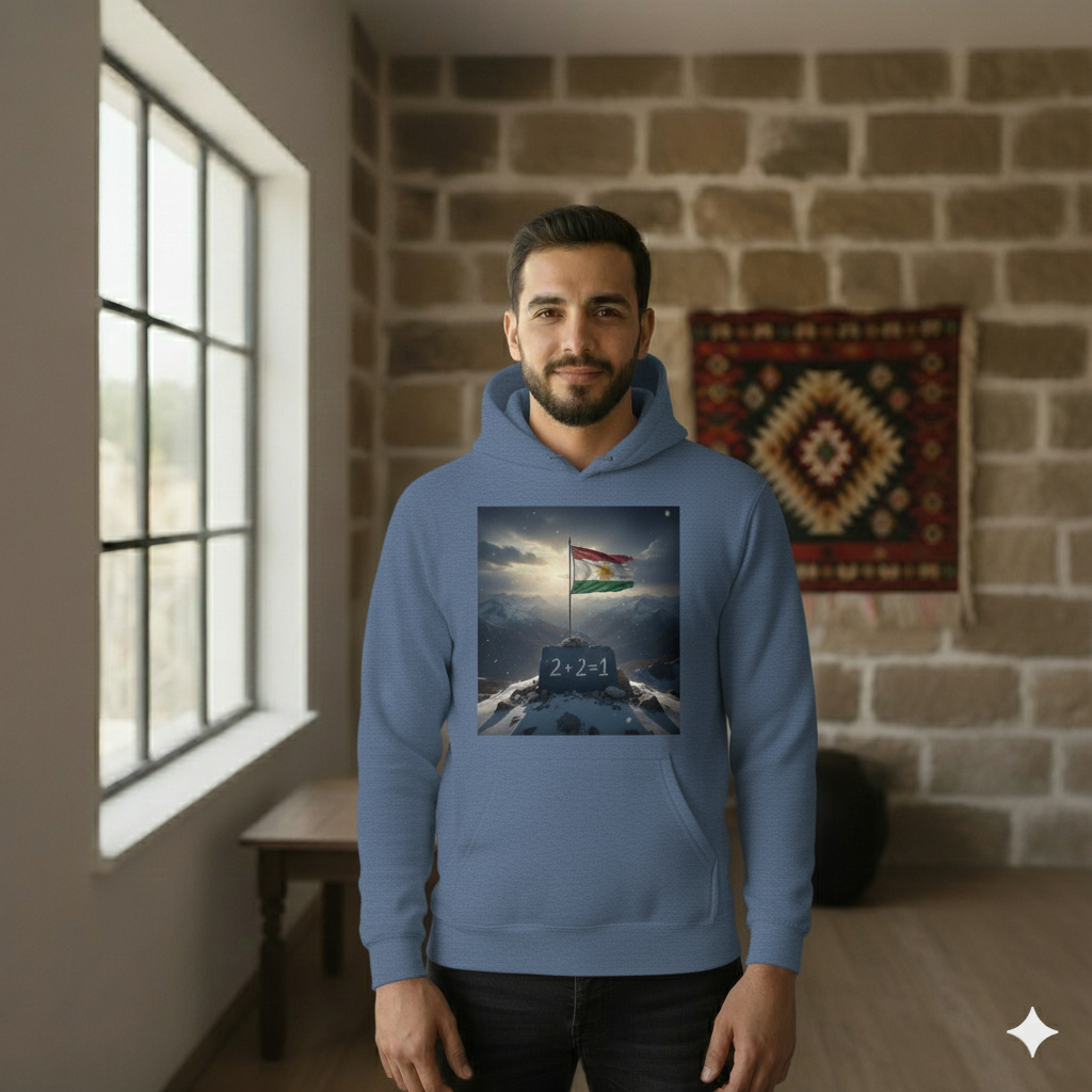 A Male model wearing a blue hoodie that showcases kurdistan flag and the kurdish quote 2 + 2 = 1.