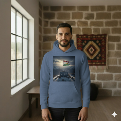 A Male model wearing a blue hoodie that showcases kurdistan flag and the kurdish quote 2 + 2 = 1.
