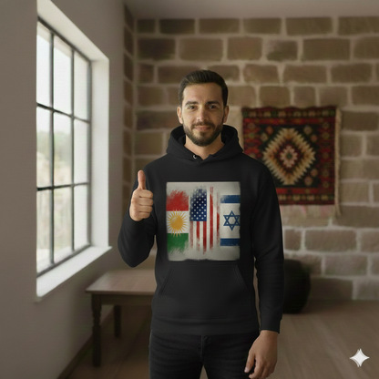 A male model wearing a black hoodie that shows the flags of kurdistan, usa and israel.