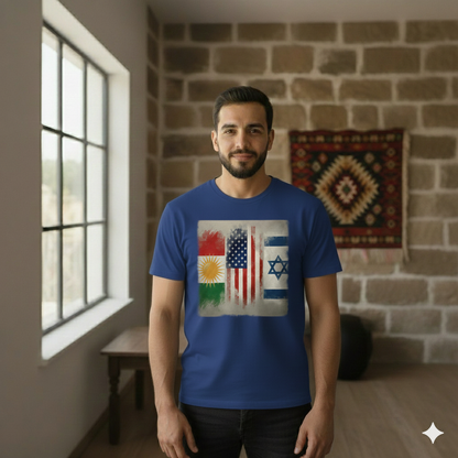 A male model wearing a blue t-shirt showcasing the flags of kurdistan, usa and israel. 