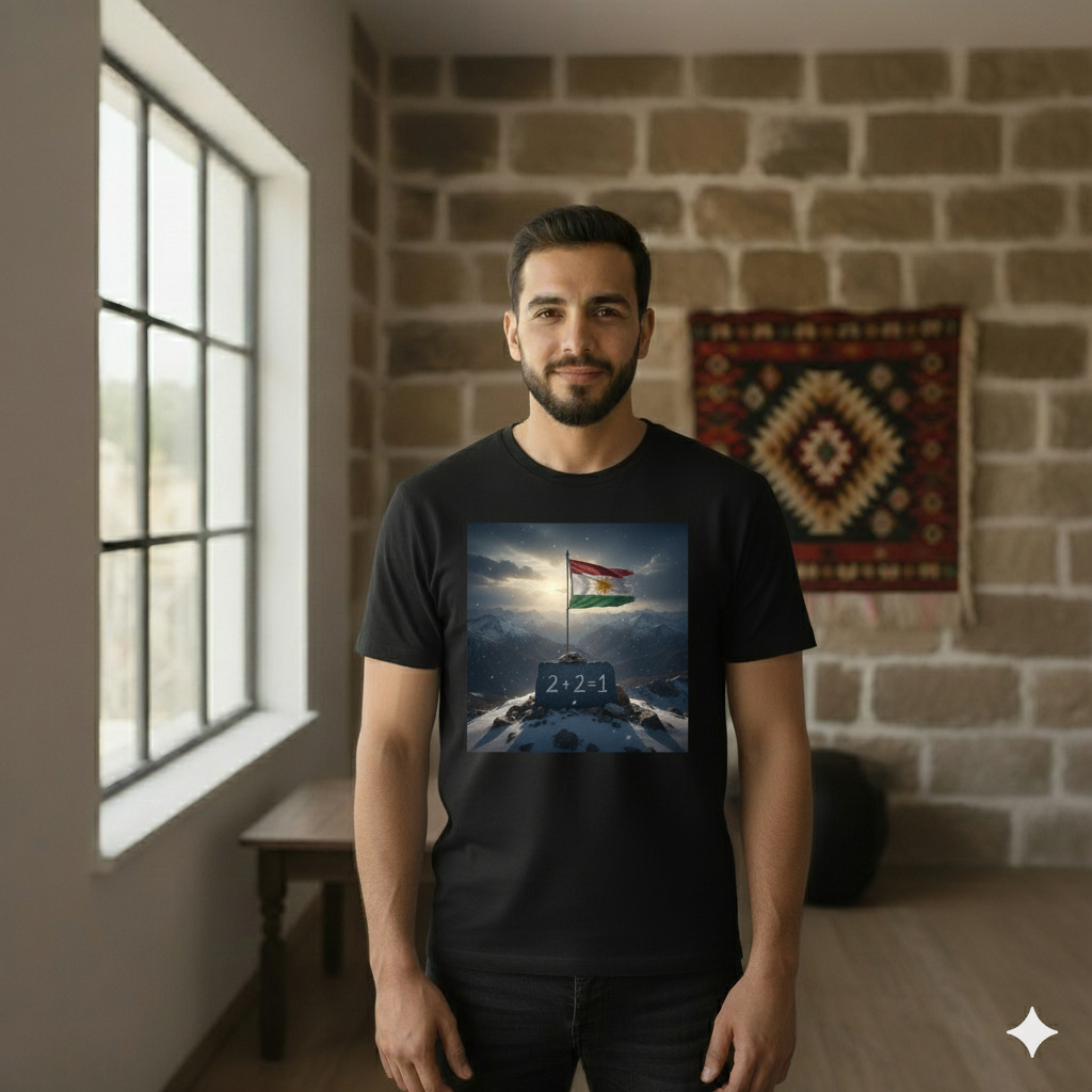 a kurdish male model wearing a white t shirt that says 2 + 2 = 1