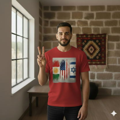 A Male model wearing a red t-shirt showcasing the flags of kurdistan, usa and israel. 
