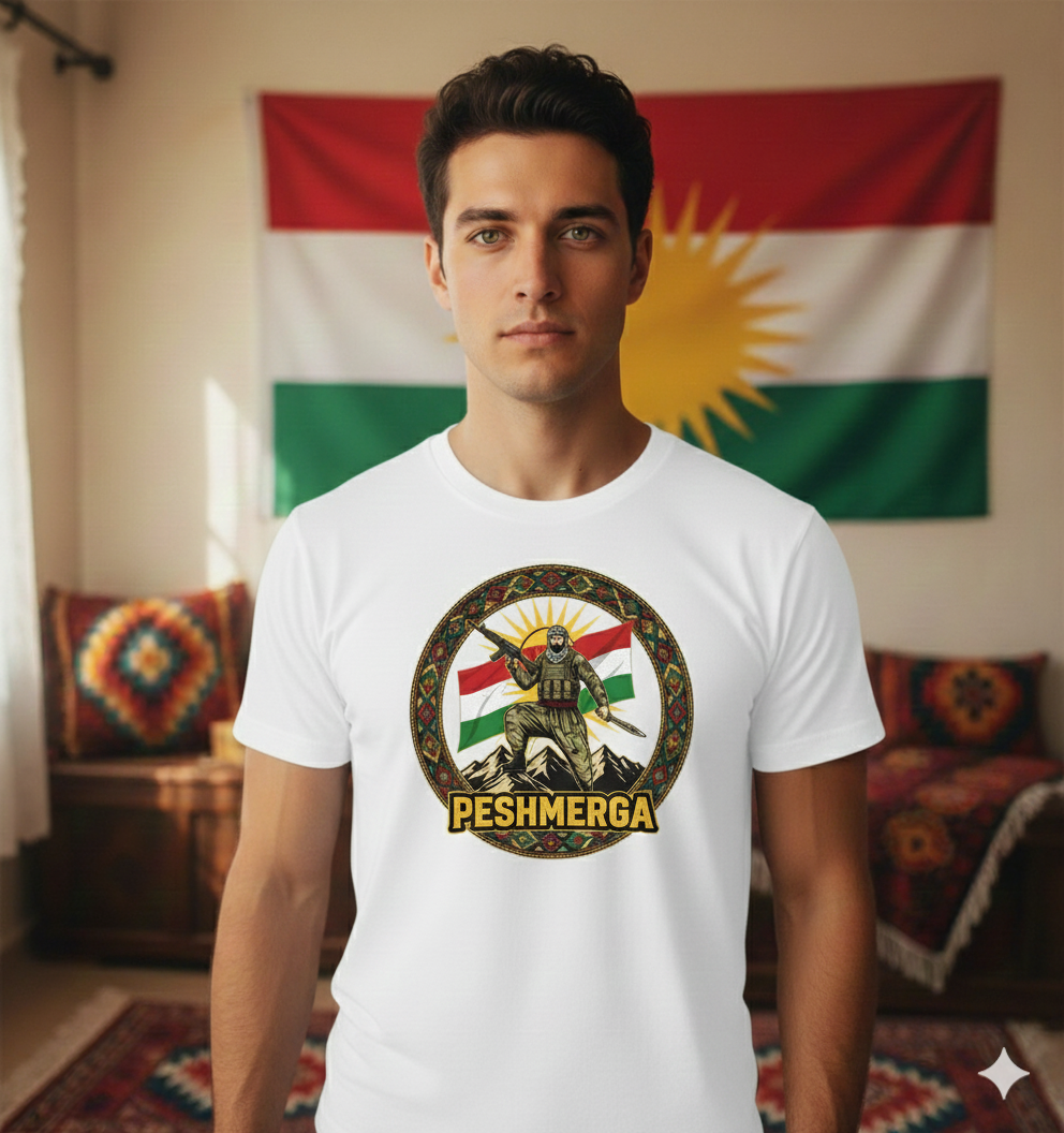 A male model wearing a white T-shirt displaying a Kurdish peshmerga design. 