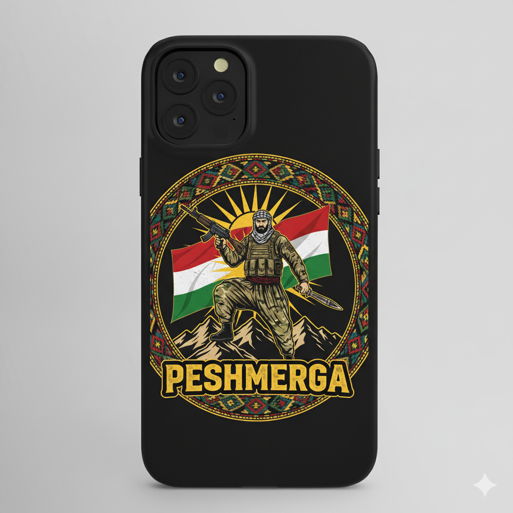 An iphone case that shows a kurdish style design with a kurdish flag and a peshmerga soldier and the text: PESHMERGA