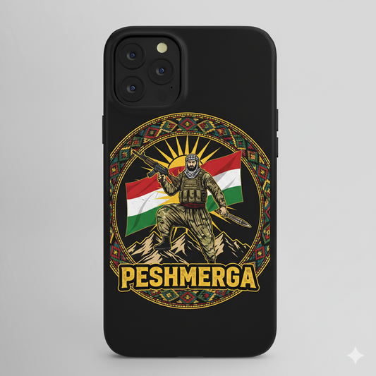 An iphone case that shows a kurdish style design with a kurdish flag and a peshmerga soldier and the text: PESHMERGA