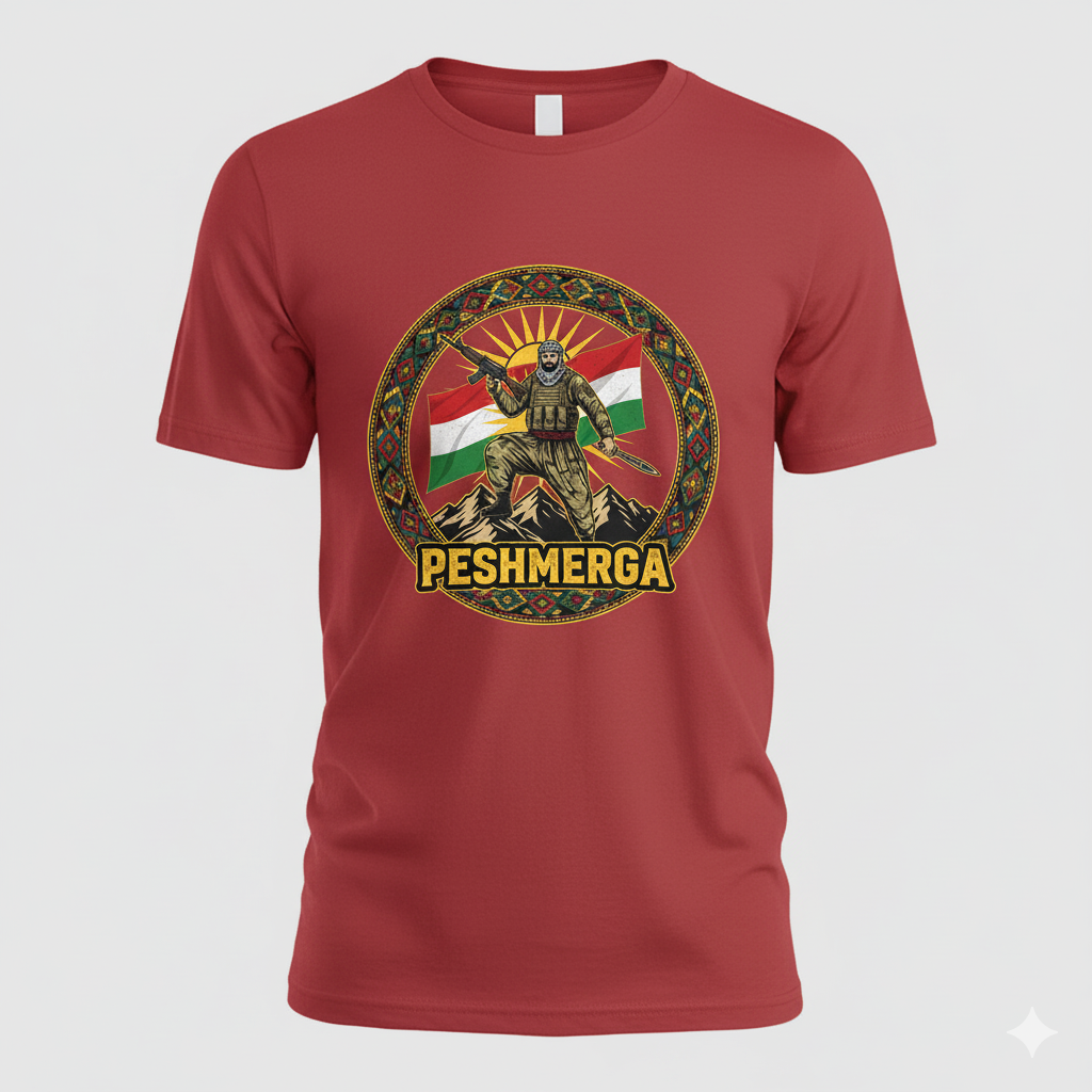 A red t-shirt that shows a kurdish style design with a kurdish flag and a peshmerga soldier and the text: PESHMERGA