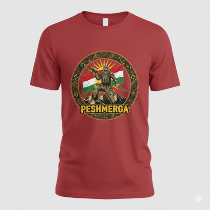 A red t-shirt that shows a kurdish style design with a kurdish flag and a peshmerga soldier and the text: PESHMERGA