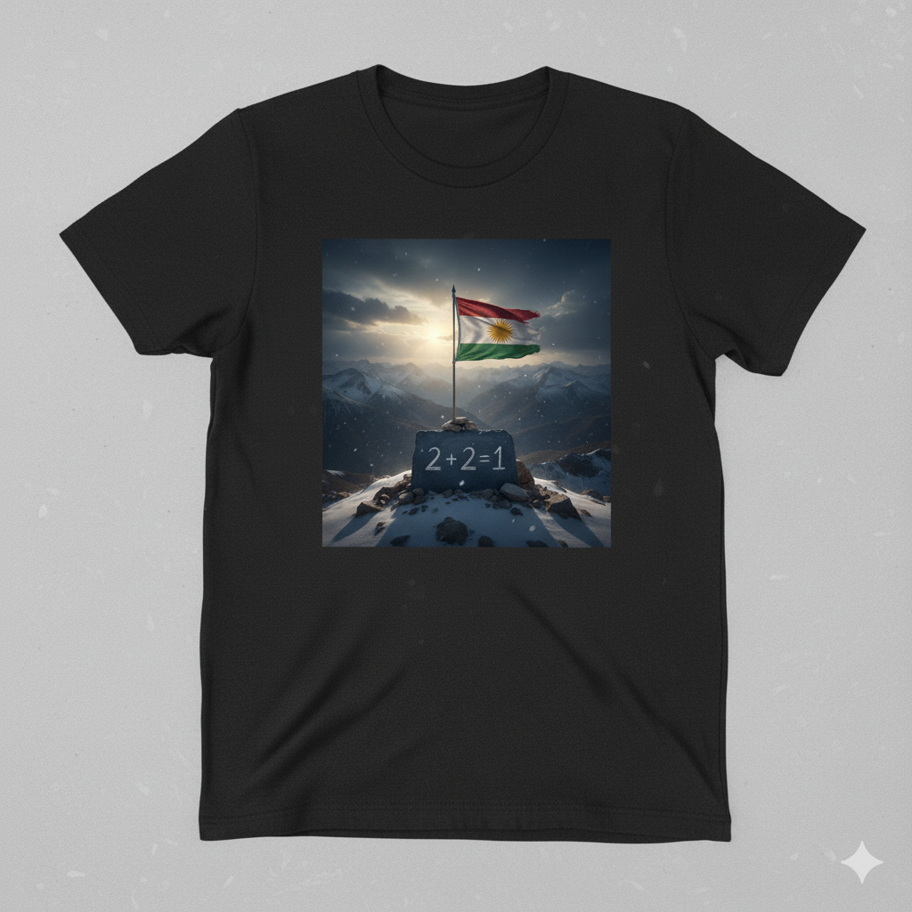 black t shirt with a kurdistan flag and says 2 + 2 = 1.