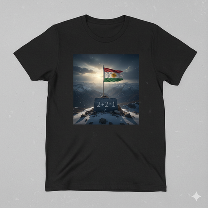 black t shirt with a kurdistan flag and says 2 + 2 = 1.