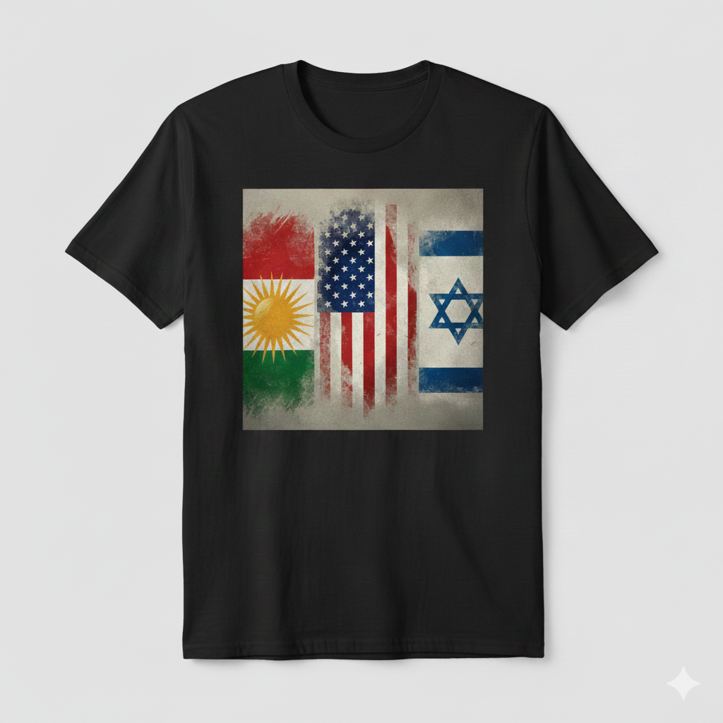 Black t-shirt showcasing the flags of kurdistan, usa and israel. 