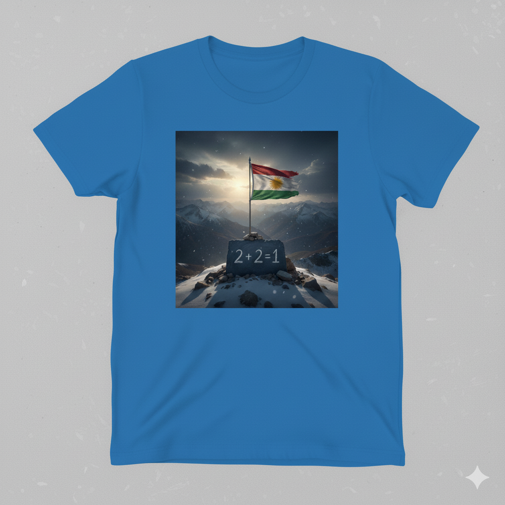 blue t shirt with a kurdistan flag and says 2 + 2 = 1.