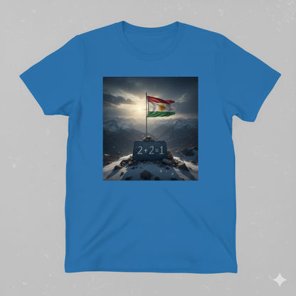 blue t shirt with a kurdistan flag and says 2 + 2 = 1.