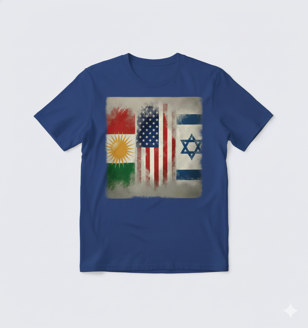 Blue t-shirt showcasing the flags of kurdistan, usa and israel. 