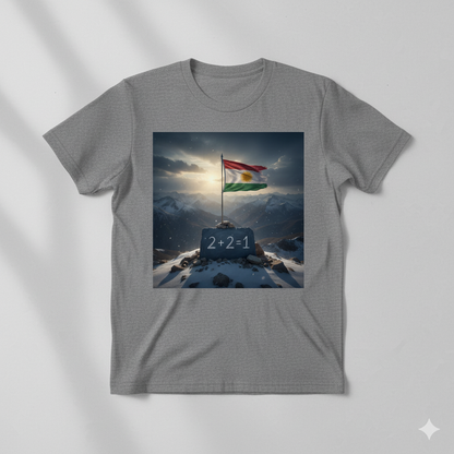 grey t shirt with a kurdistan flag and says 2 + 2 = 1.