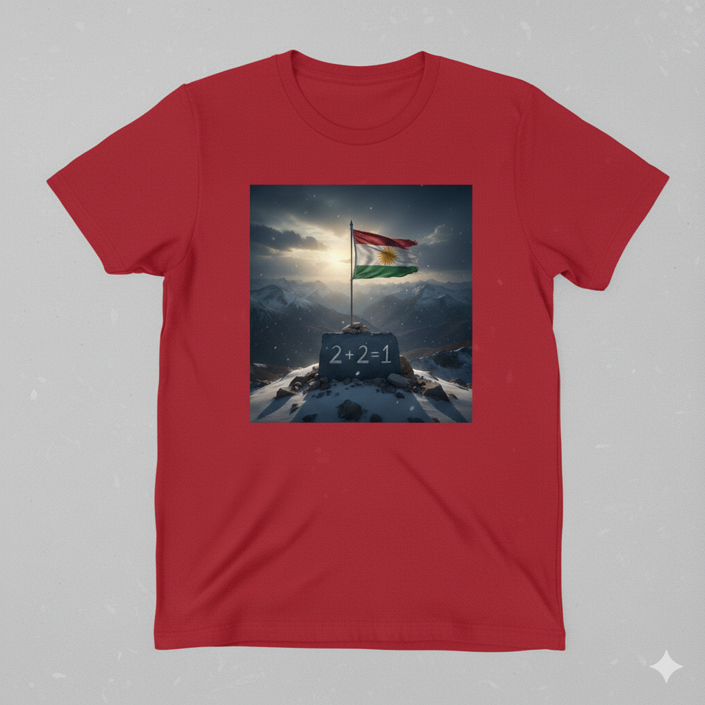 red t shirt with a kurdistan flag and says 2 + 2 = 1.