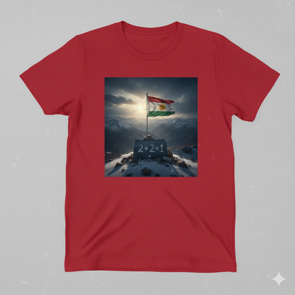 red t shirt with a kurdistan flag and says 2 + 2 = 1.
