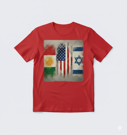 Red t-shirt showcasing the flags of kurdistan, usa and israel. 