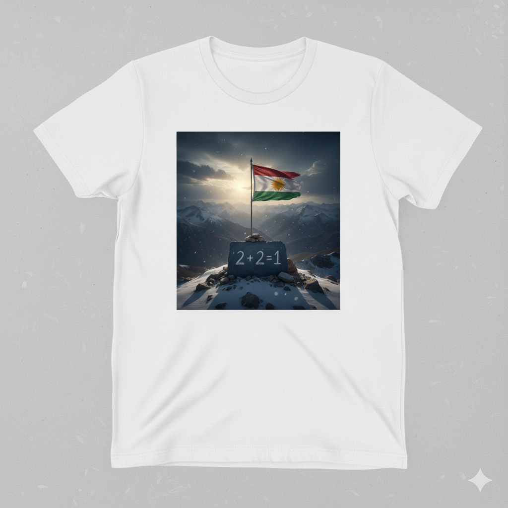 white t shirt with a kurdistan flag and says 2 + 2 = 1.