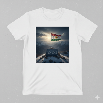 white t shirt with a kurdistan flag and says 2 + 2 = 1.