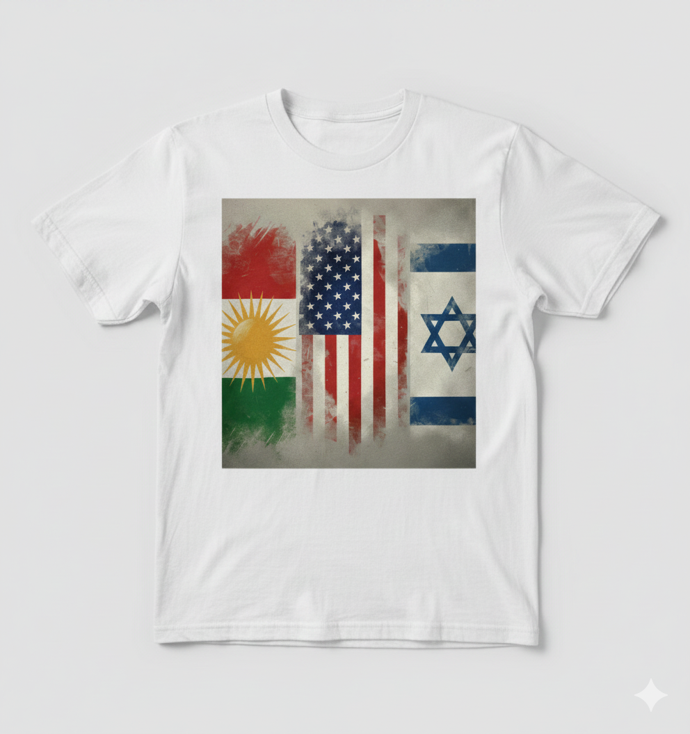 White t-shirt showcasing the flags of kurdistan, usa and israel. 