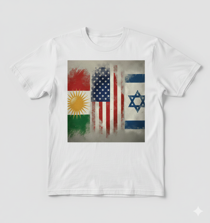 White t-shirt showcasing the flags of kurdistan, usa and israel. 