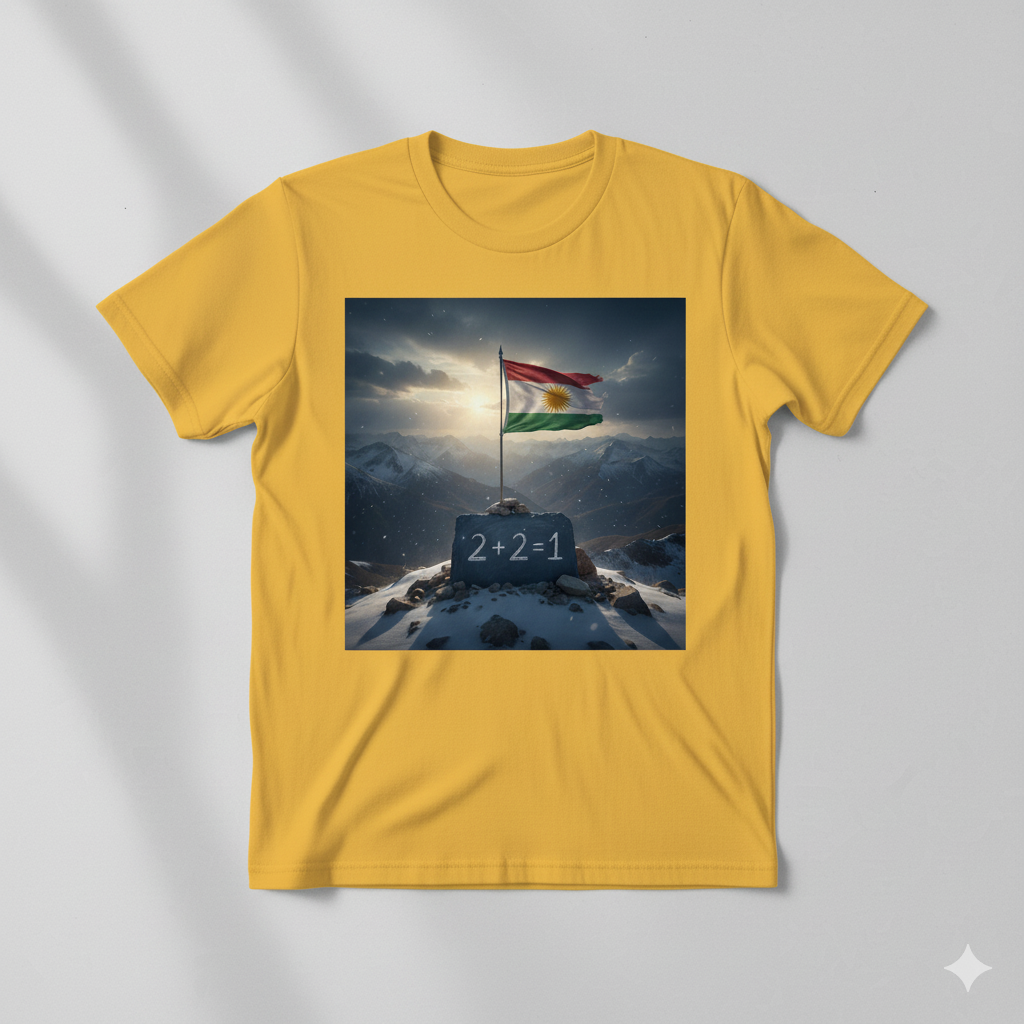 yellow t shirt with a kurdistan flag and says 2 + 2 = 1.