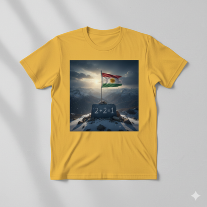 yellow t shirt with a kurdistan flag and says 2 + 2 = 1.