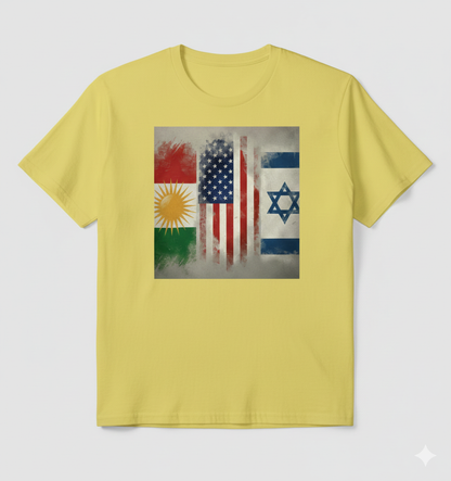 Yellow t-shirt showcasing the flags of kurdistan, usa and israel. 