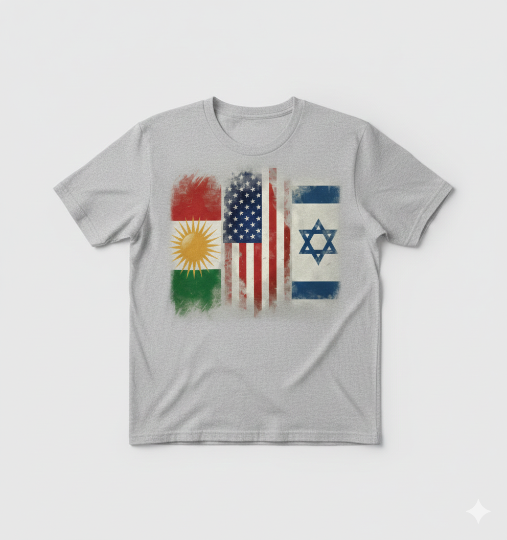 Grey t-shirt showcasing the flags of kurdistan, usa and israel. 