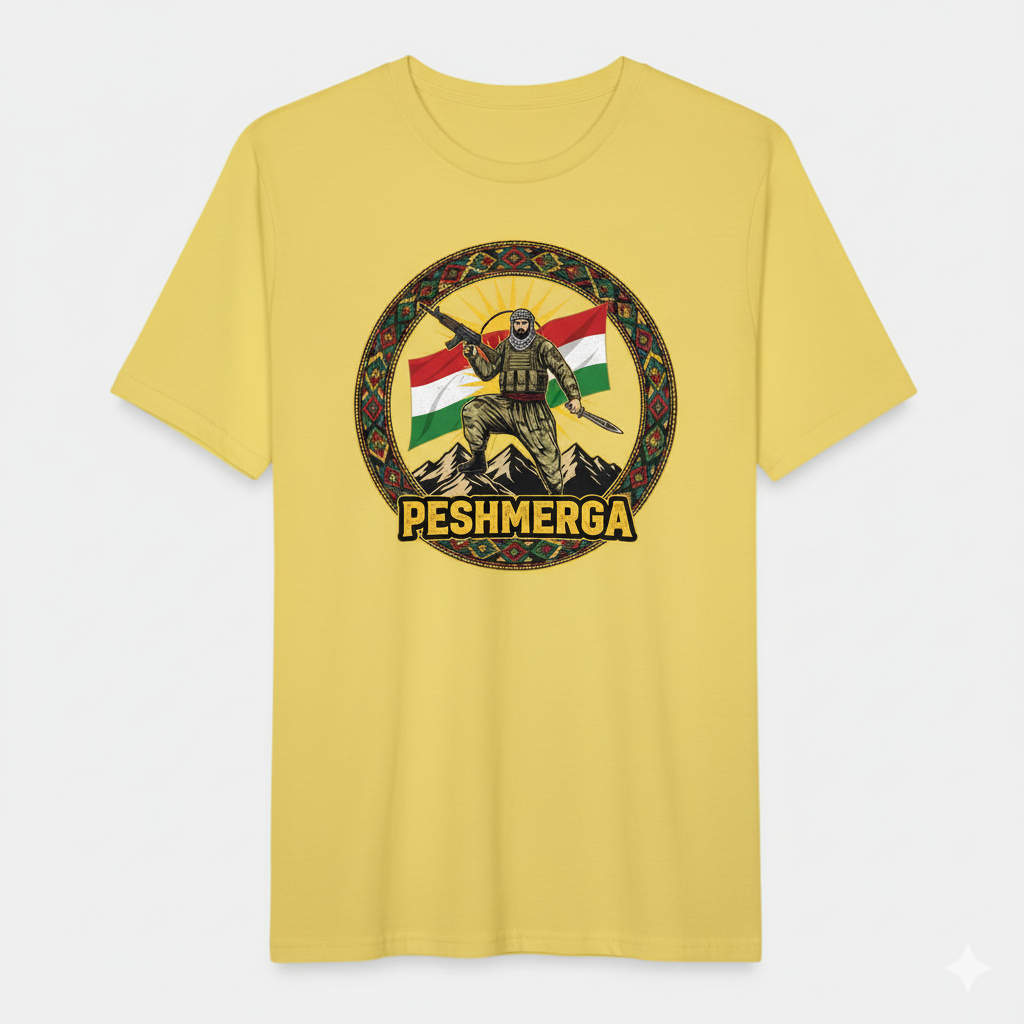 A yellow t-shirt that shows a kurdish style design with a kurdish flag and a peshmerga soldier and the text: PESHMERGA.