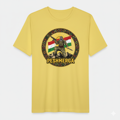 A yellow t-shirt that shows a kurdish style design with a kurdish flag and a peshmerga soldier and the text: PESHMERGA.