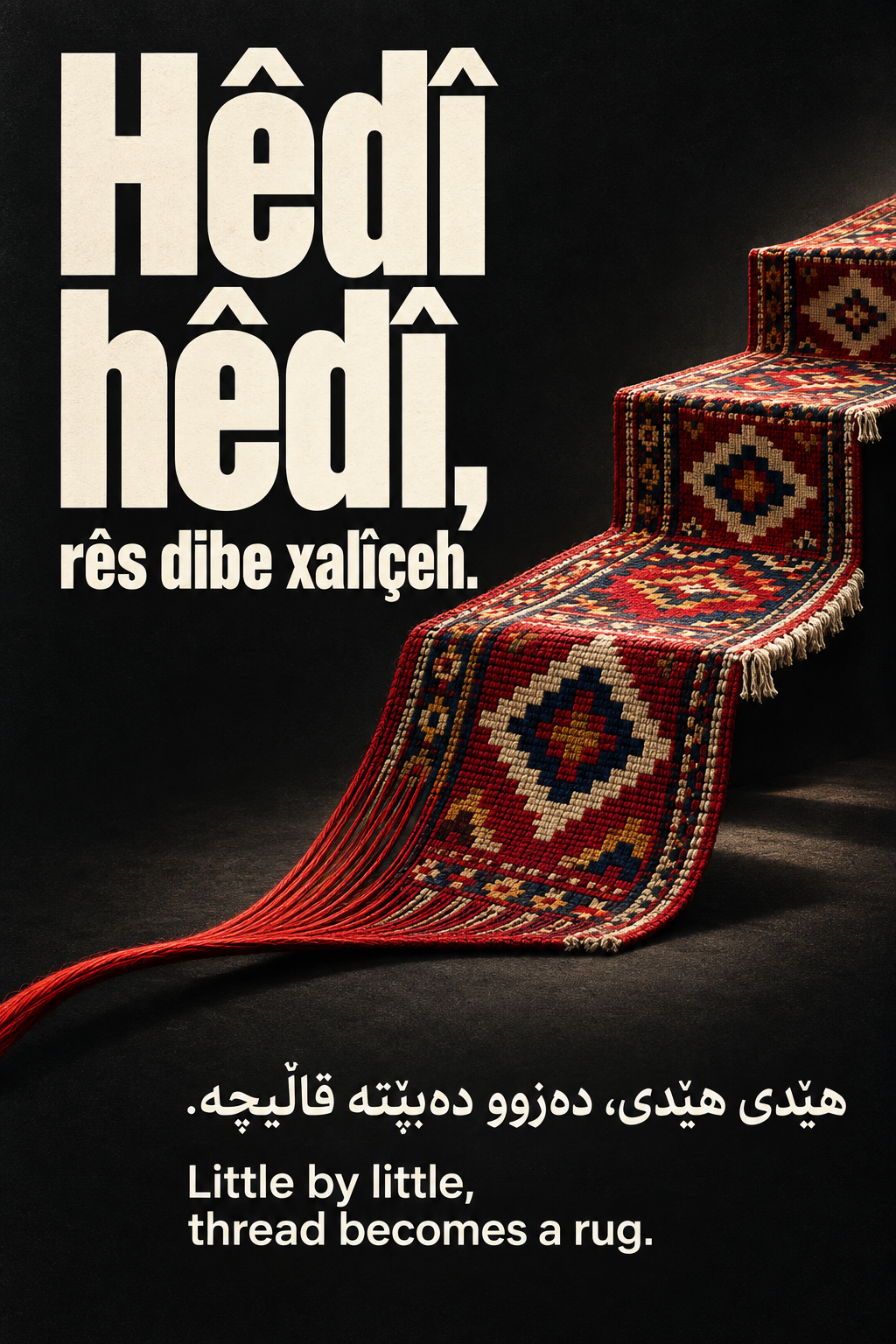 Kurdish motivational poster with ivory Kurmanji, Sorani and English lettering on charcoal and a red thread forming a woven rug staircase.