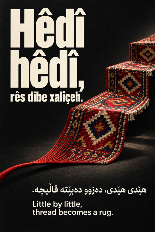 Kurdish motivational poster with ivory Kurmanji, Sorani and English lettering on charcoal and a red thread forming a woven rug staircase.