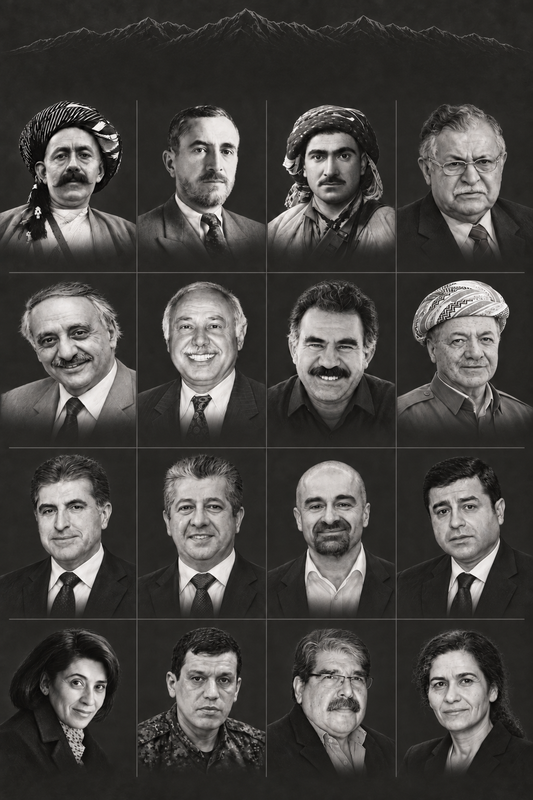 Black-and-white poster featuring 16 selected Kurdish leaders in a four-by-four portrait grid without text.