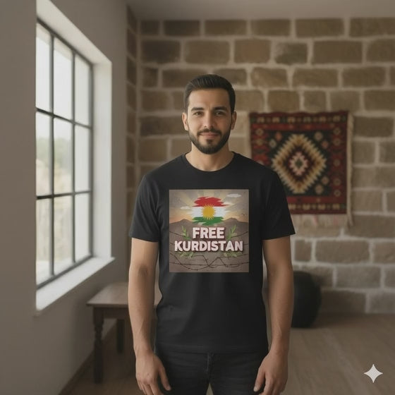 A video of a male model wearing a black T-shirt that displays free Kurdistan. 