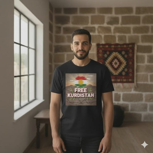 A video of a male model wearing a black T-shirt that displays free Kurdistan. 