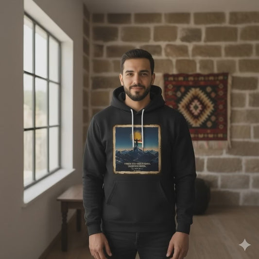 A video of a male model wearing a black hoodie that says from the mountain, freedom rises. 