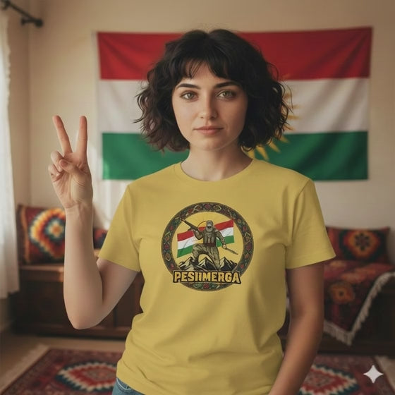 A video of a female model wearing a yellow T-shirt that displays a Kurdish peshmerga design. 