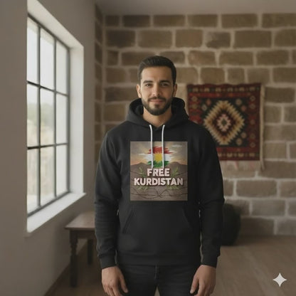 A male model in a video displaying a black hoodie that says free Kurdistan. 