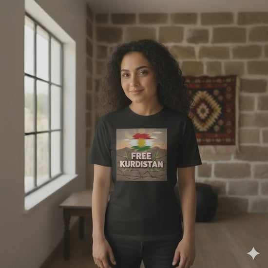 A female model in a video wearing a black T-shirt that has free Kurdistan written on it. 